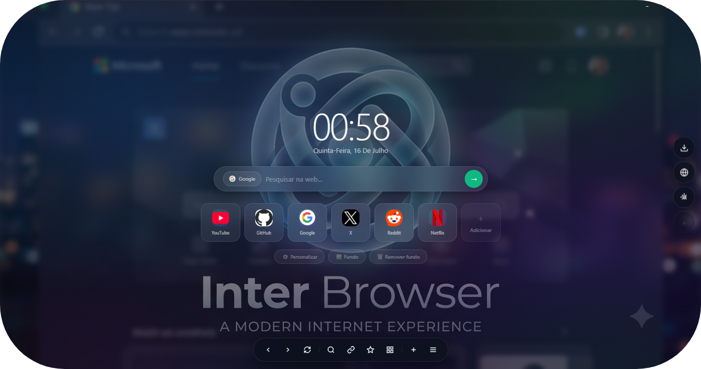 Tema escuro do Inter Browser com atalhos e busca centralizada